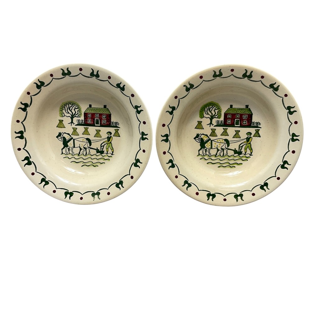 Metlox Poppytrail Homestead Provincial Soup Bowl 8.5" Cream Green Red 2 Pieces